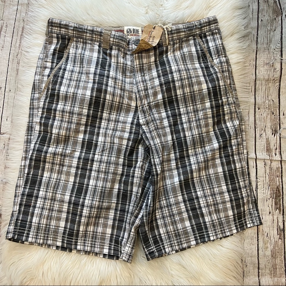 626 Blue NWT Navy, Khaki & White Plaid Broken-In Flat Front Shorts Size 42